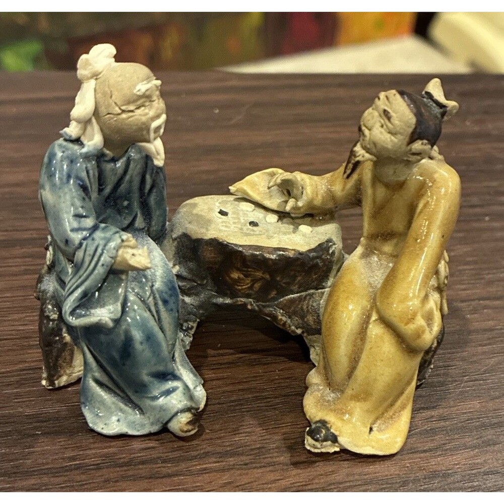 Vintage Chinese Mudmen Figurine Men Playing Go Game Checkers Bonsai Decor